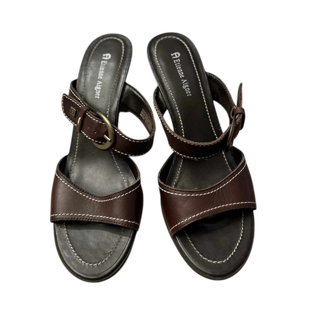 Etienne Aigner Brown Leather Heeled Sandals with Gold Buckle